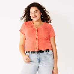 Juniors' Plus Size SO® Short Sleeve Button Front Top