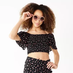 Juniors' Rewind Short Sleeve Smocked Bodice Top