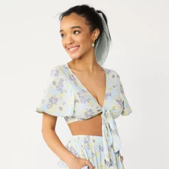 Juniors' Rewind Tie-Front Crop Top