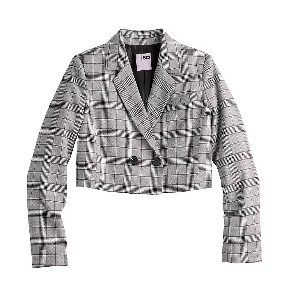 Juniors' SO® Cropped Plaid Button Blazer - Image 3